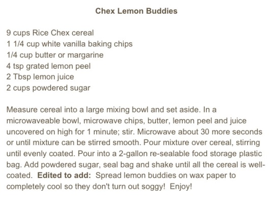Chex, Lemon Buddies, Lemon Buddies Recipe, White Chocolate, Lemon Juice, Powdered Sugar, Snack